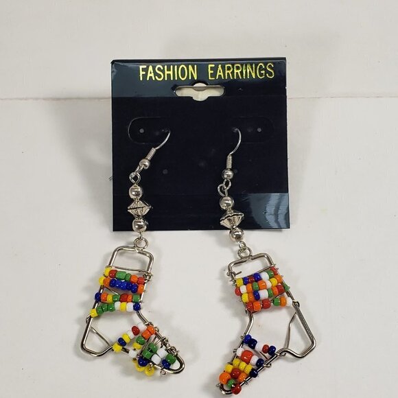Handmade Colorful Beaded Silver tone Wire Drop Earrings Boho Festival Jewelry - Picture 6 of 7